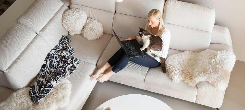 woman with cat on laptop