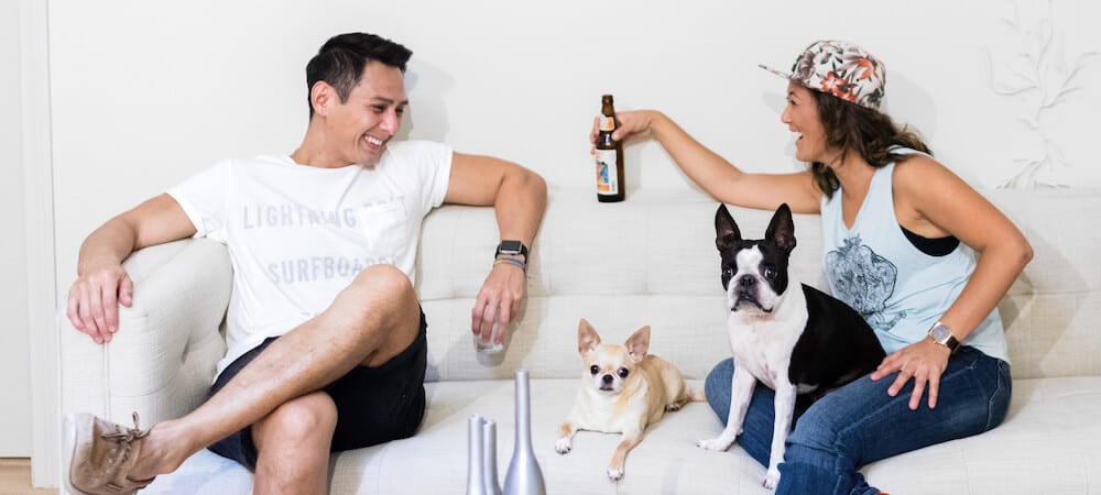 A happy man and woman are having drinks while sitting on a couch with two small dogs