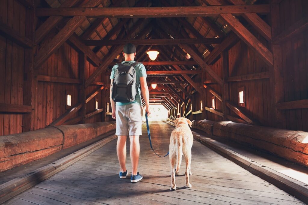A man and his dog walk down a wooden covered bridge